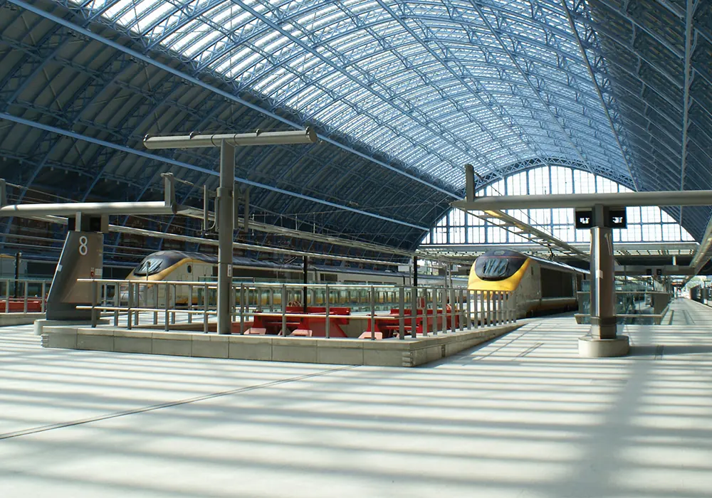 Railway station roof with exposed steelwork