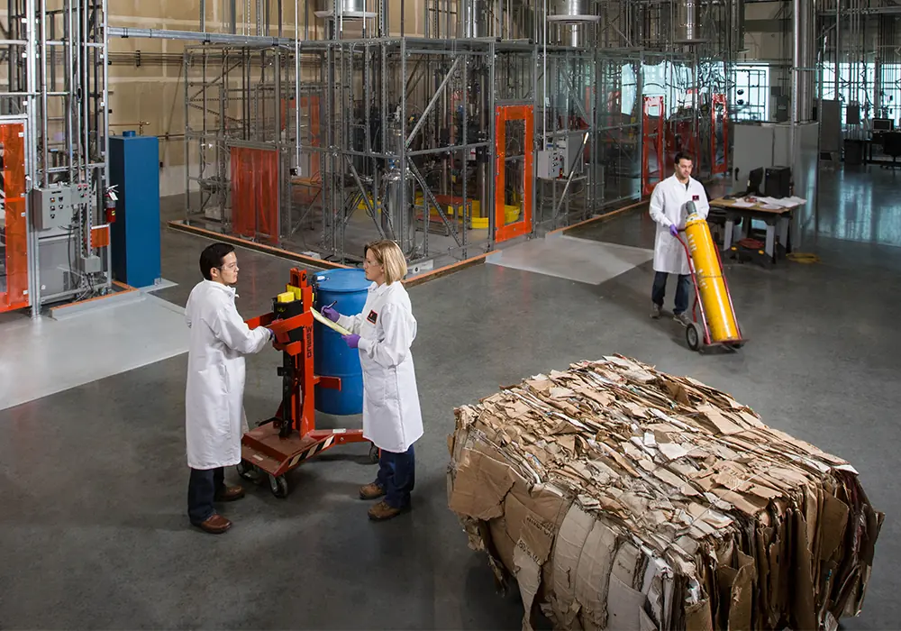 Baled cardboard feedstock at the pilot plant
